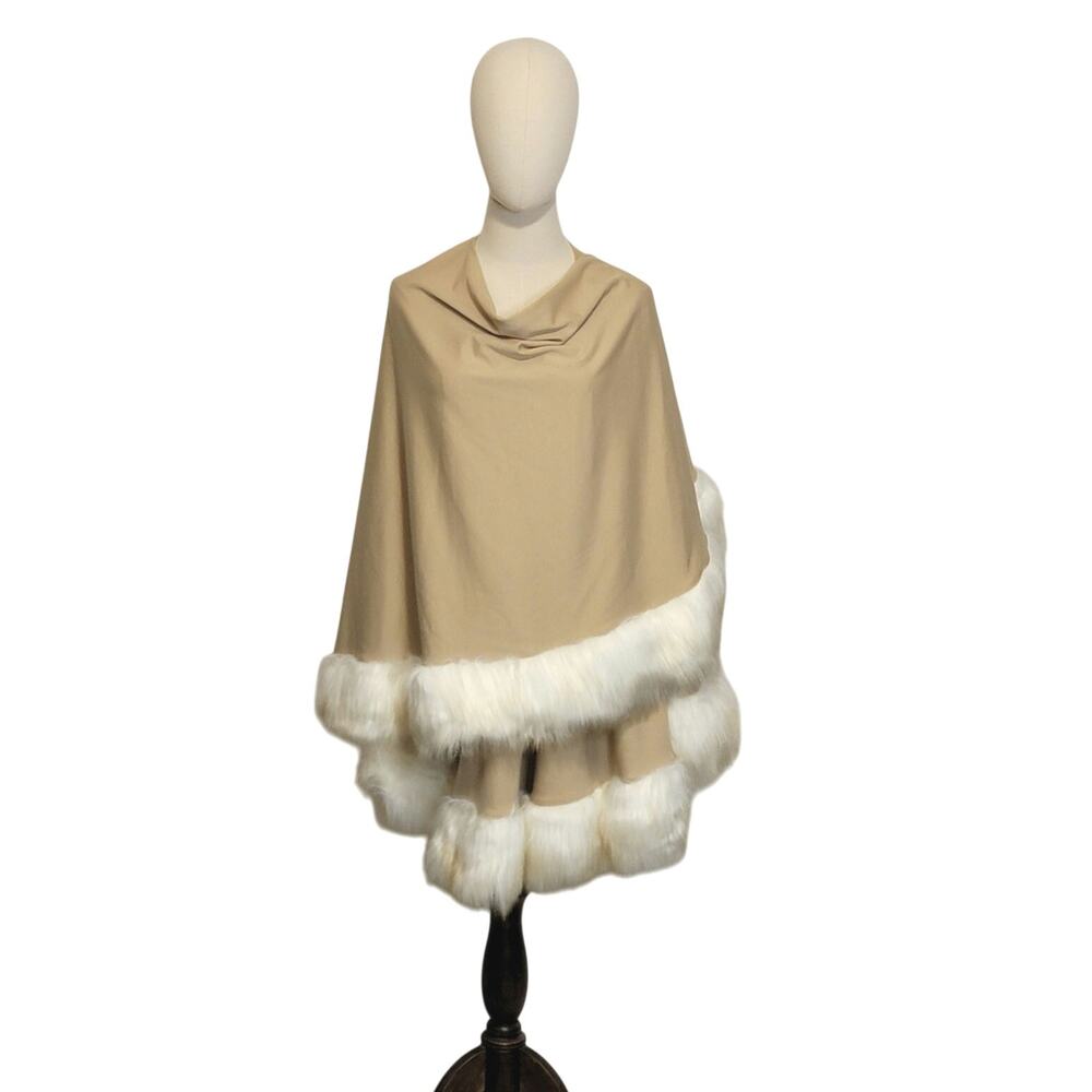 Donna Salyers Fabulous Furs Faux Fur Trim Knit Poncho Cape Tan White OS